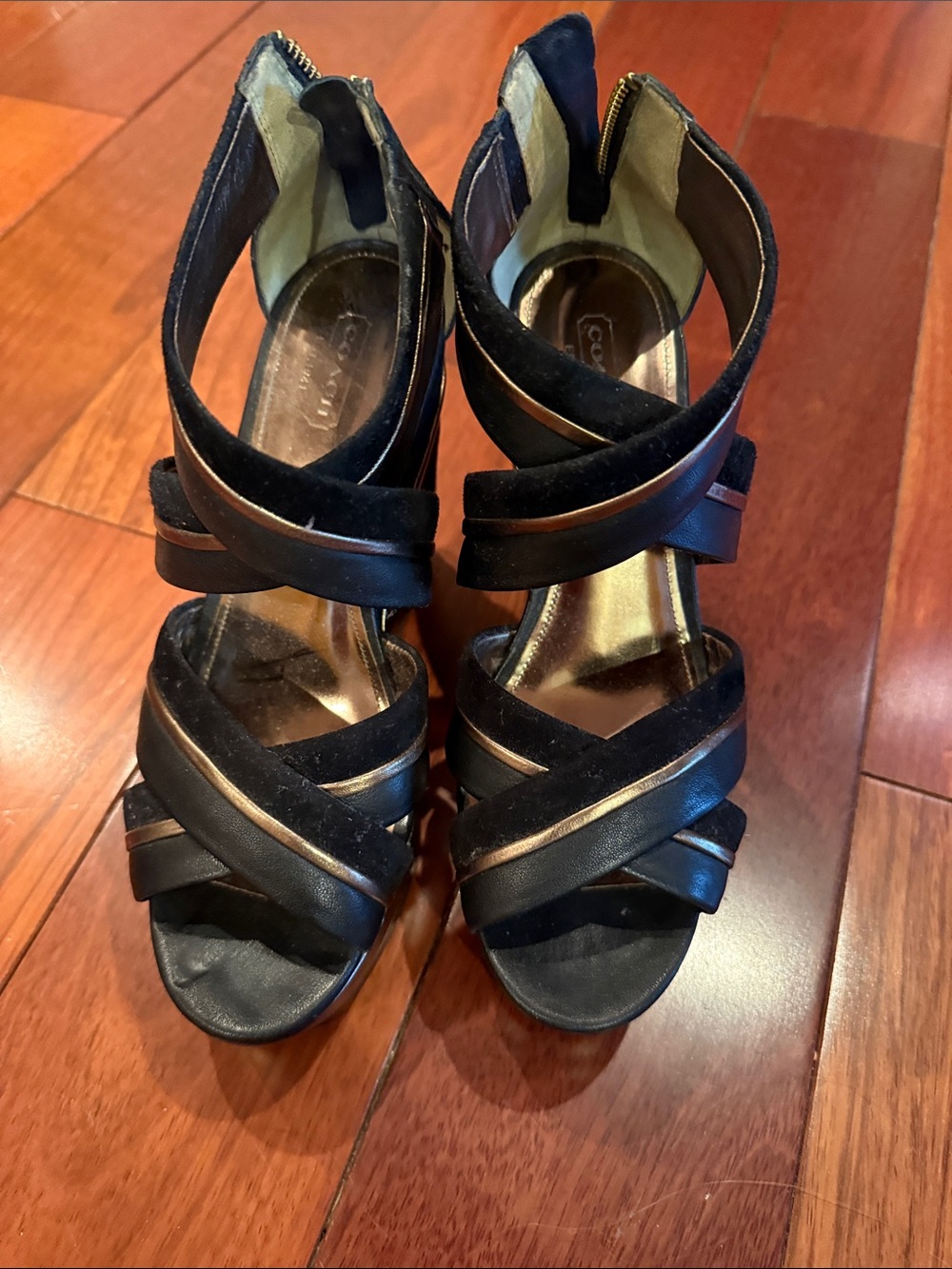 Coach Black Strappy Heels with Bronze Trim